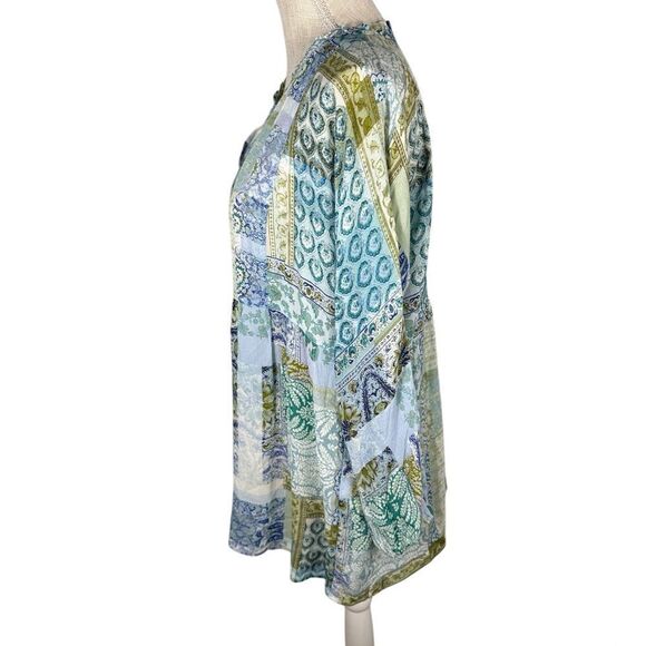 J. Jill Blue & Green Patchwork Print Split Neck 3/4 Sleeve Boho Tunic Top - Picture 3 of 6